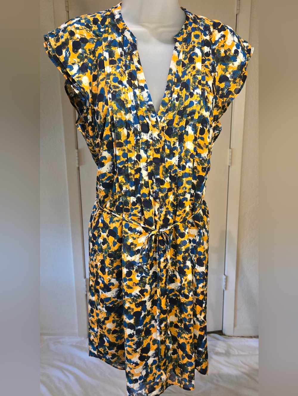 H&M Yellow, Teal, Navy and White Printed Tie-Waist V-Neck Dress